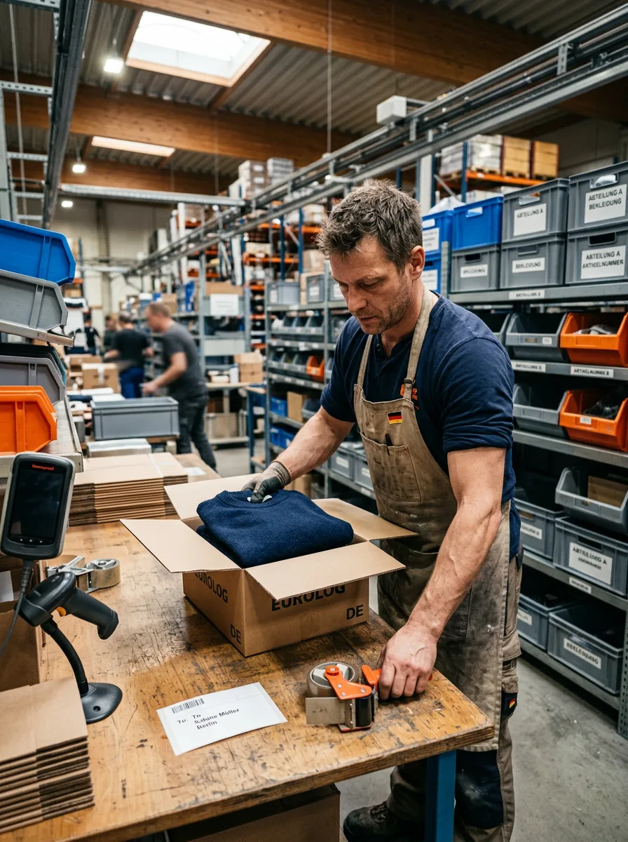 Mitarbeiter im Lager verpackt Bestellung an einer Packstation, Regale mit Ware im Hintergrund