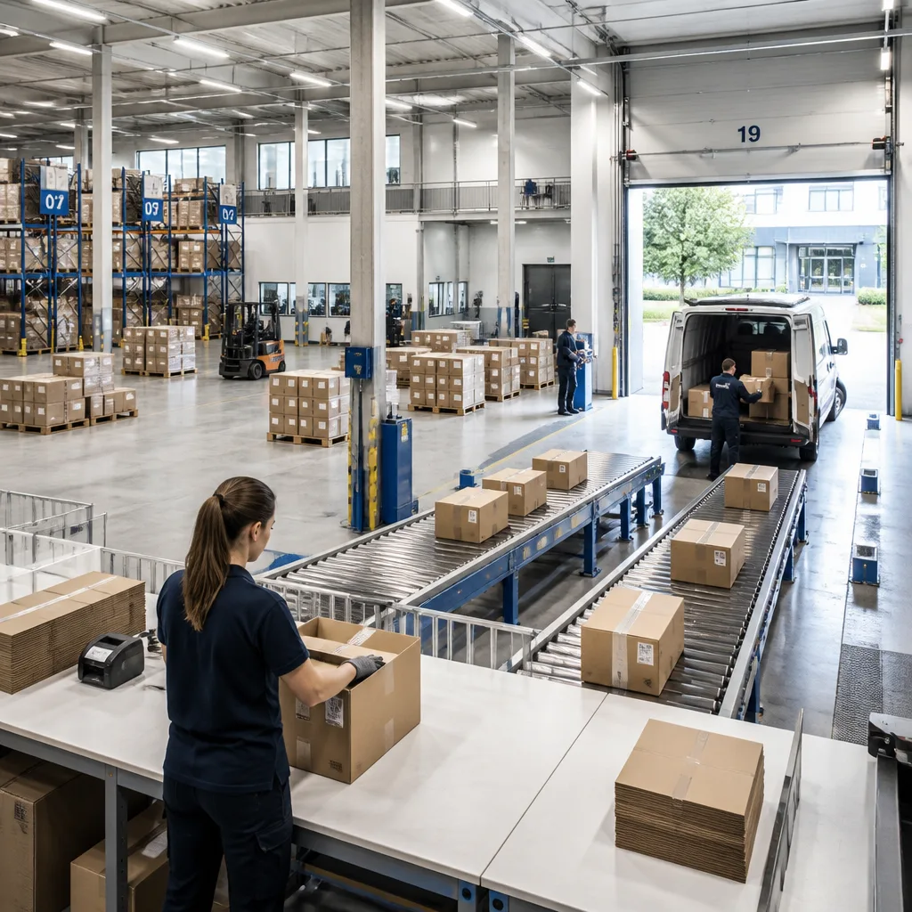 Blick durch eine Fulfillment Halle: Packtisch, Pakete auf Förderband, Kurier belädt Transporter, dahinter Wohnstraße mit Haustür